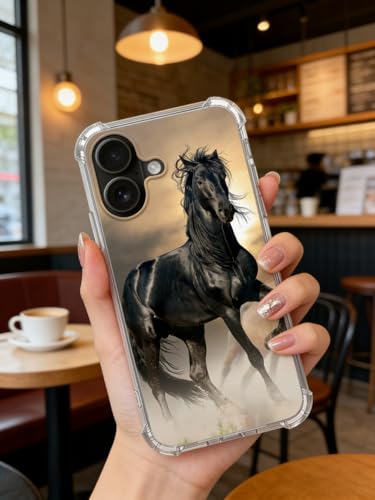 Black Horse Case Compatible with iPhone 16, Cool Animal Horse Case for iPhone 16, Unique Design TPU Bumper Cover Case - color: Black Horse