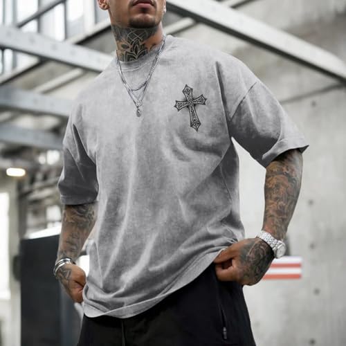 Vintage Goth Punk Shirts for Men Grunge Streetwear Oversized Tshirts Gothic Cross Graphic Tees Y2k Acid Wash T Shirt - color: Light Gray, size: 3X-Large