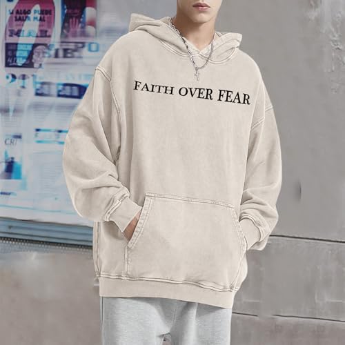 Christian Faith Over Fear Hoodies for Men Jesus Religious Graphic Sweatshirt Bible Verse Acid Wash Pullover Hoodie - color: Apricot, size: Small