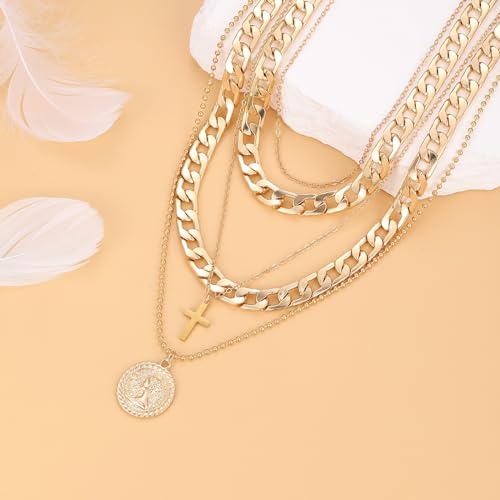 Gold Layered Necklaces for Women Chunky Choker Link Chain Trendy Retro Coin 14K Pendant Necklace Handmade Dainty Layering Poppy Lotus Rose Birth Flower Necklaces Gift