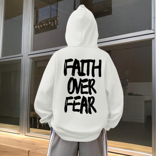 Boys Christian Faith Over Fear Hoodie Kids Jesus Religious Hoodies Inspirational Bible Verse Sweatshirt Pullover top - color: White, size: 5-6 Years