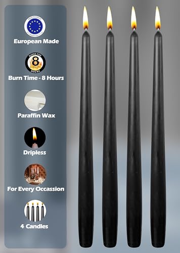 Hyoola Tall Taper Candles - 10 Inch Black Unscented Dripless Taper Candles - 8 Hour Burn Time - 4 Pack - color: Black, size: 10 Inch
