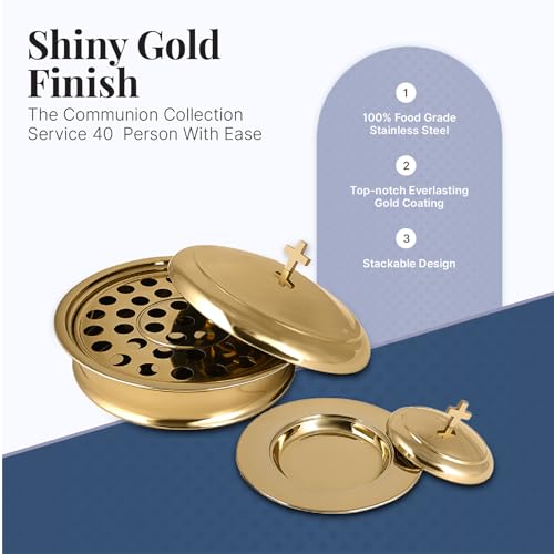 Communion Set for Church - One Communion Tray & Bread Plate with Lid - color: Shiny Gold Finish