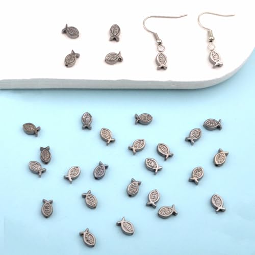 100pcs Jesus Fish Spacer Beads Religious Charm Beads Tibetan Alloy Christian Fish Shape Loose Beads for DIY Bracelet Necklace Jewelry Making Supplies - color: Gun Black