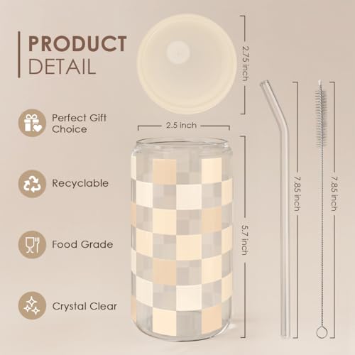 SANDJEST Checkerboard Glass Can, Beige Checker Cup with Lid & Straw, Iced Coffee Aesthetic Cups, Gift for Christmas Birthday Mother Day, Gifts for Women, 16oz - color: Checker