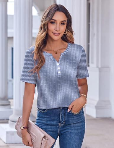 Zeagoo Womens Summer Tops Casual Short Sleeve V Neck T Shirts Dressy Blouse - color: Blue White Stripes, size: Small
