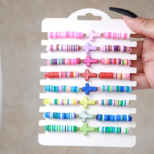 Caiyao 8Pcs Cross Bracelets Bohemian Rainbow Polymer Clay Cross Stretch Bracelets Colorful Stackable Cross Beads Elastic Bracelet for Women Summer Beach Friendship Jewelry Gifts - color: Set A