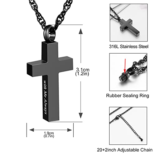 Cremation Cross Necklace for Ashes Stainless Steel Cross Urn Pendant Ashes Holder Memorial Jewelry-With Me Always - style: With me always-Black engraving