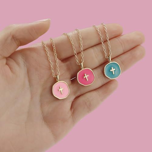 Cute Small Cross Necklace for Teen Girls - color: Pink Baptism Gifts