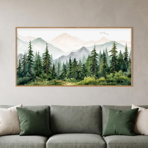 Green Forest Mountain Range Framed Canvas Wall Art -20''x40'' - color: Green Forest Wall Art, size: 20"L x 40"W