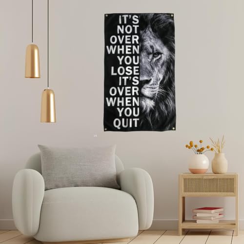 It's Over When You Quit Inspirational Motivational Quote Lion Flags Positive Animal Cool Flags Banner 3X5 Ft Room Guys Bedroom Man Cave College Dorm Indoor Wall Tapestry - color: F-Lionblack