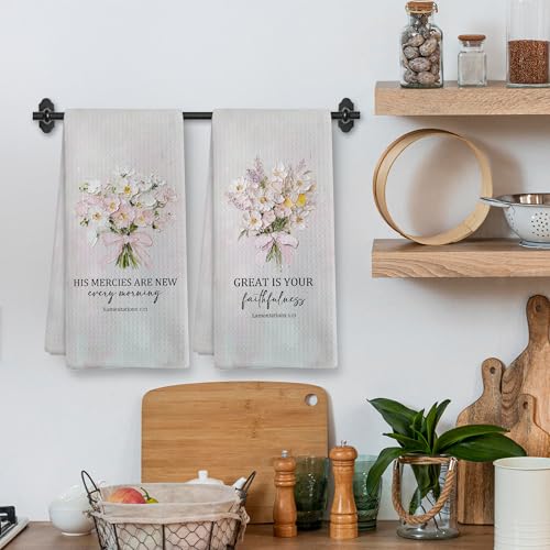 Christian Tea Towel, Wildflower Bible Verse Scripture Decor Dish Hand Towels for Bathroom Kitchen, Pink Vintage Christian Floral Decorative Kitchen Towels and Dishcloths Sets of 2, 16x24Inch - color: Pink Floral