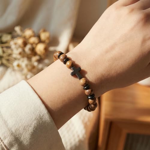 12 Set Wooden Beads Cross Bracelet for Men, Adjustable Christian Bracelet with Organza Bags Tags for Faith Religious Gifts