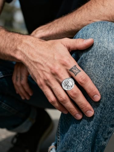 Saints Michael Ring for Men, 18K Gold Plated/Black Metal, St. Michael San Miguel The Great Protector Archangel Defeating Satan Figurine Stainless Steel Amulet Rings, Size 7-14, Send Gift Box - color: D-Silver