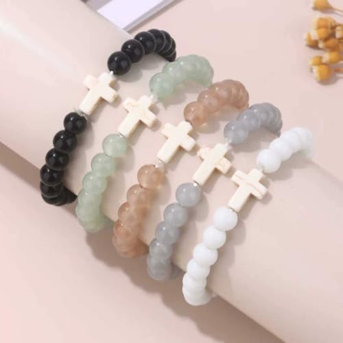 5Pcs Set Cross Beaded Crystal Turquoise Colorful Stretch Bracelet Christian Matching Strand Bracelet for Women Holiday Bohemian Boho Jewelry Multilayered Handmade - color: L