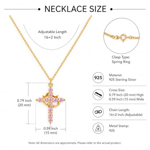 925 Sterling Silver Cross With Crown Necklace for Women 16+2 Inch - color: Gold-Pink CZ