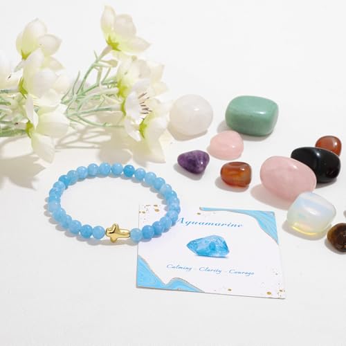 Cross Beaded Bracelets for Women, Natural Stone Healing Crystal Bracelet Religious Cross Bracelet for Women Birthday Christian Gifts on Easter Christmas Gifts - color: Aquamarine