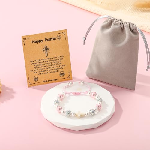 First Communion Confirmation Gifts for Girls, Cross Natural Beads Bracelet Christian Religious Jewelry Gifts for Kids Teen Girls - style: Style-1