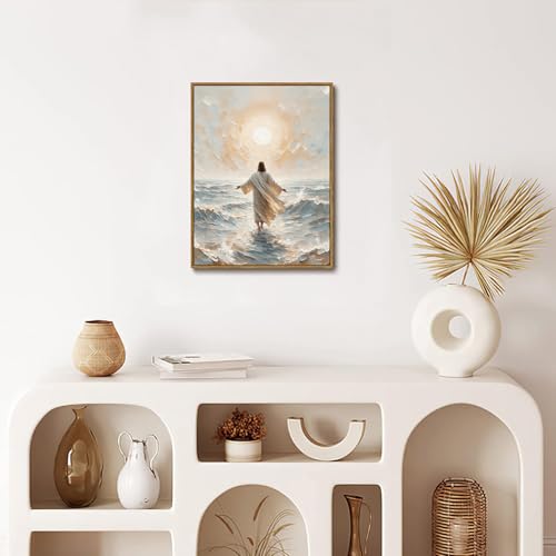 Jesus Walking on Water Sunlight Framed Canvas Wall Art 12x16 inch - color: Sunlight, size: 12"x16" Natural