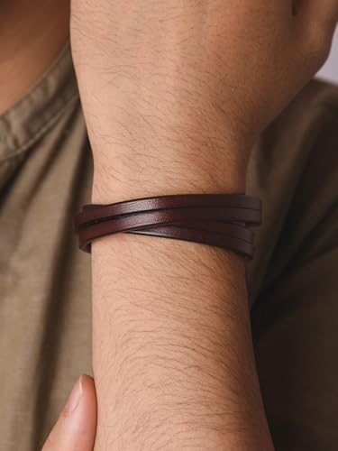 HAQUIL Artisanal Multi-Wrap Brown Leather Bracelet with Vintage Metal Accents for Men