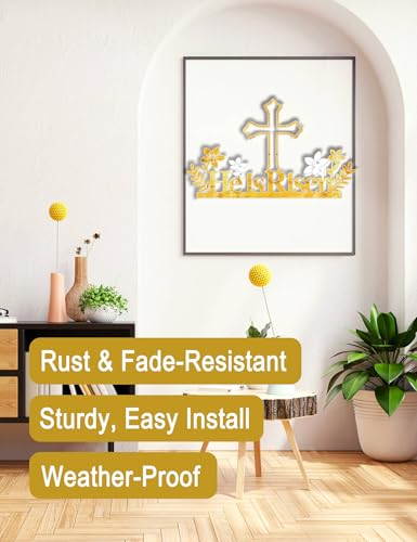 Vintage He is Risen Easter Wall Decor, Weatherproof Metal Cross Sign with Golden Flowers White Lily, Religious Resurrection Wall Art for Front Door & Home, Christian Easter Decorations Outdoor Indoor - color: Type-6