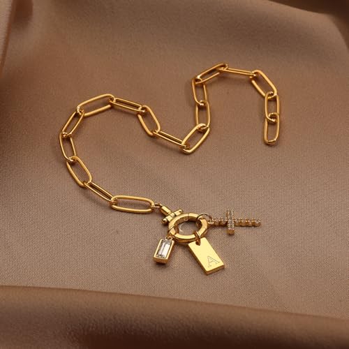 Initial Cross Charm Bracelet, 18K Gold Plated Dainty Paperclip Link Chain Bracelets for Women, Non Tarnish, A-Z Letter Bracelet Personalized Gifts Gold Jewelry for Women - color: Letter-T