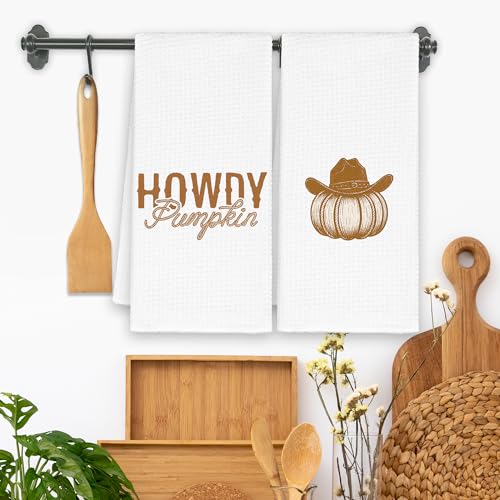 Western Howdy Pumpkins Fall Kitchen Towels Set of 2, Cowgirl Cowboy Hand Bathroom Towels for Harvest Thanksgiving,Trendy Retro Autumn Decorative Dish Towels Decor for Dorm Dining Room 16x24in - color: Pumpkin Howdy