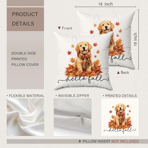 Hello Fall Leaf Golden Retriever Dog Throw Pillow Covers 18x18 - color: Dog