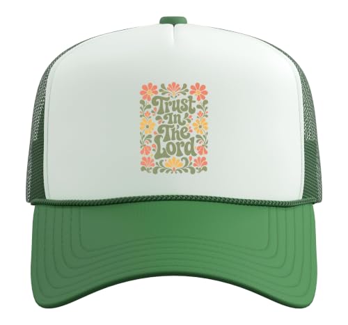 Trust in The Lord Christian Retro Floral Bible Verse Trucker Hat with Adjustable Mesh Back - color: Kelly Green/White