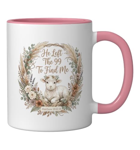 He Left the 99 to Find Me Christian Lamb Bible Verse Matthew Ceramic Mug, Pink/White, 11oz - color: Pink/White, size: 11 Ounces