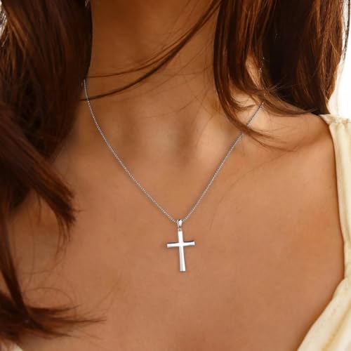 Small Dainty Cross Pendant Necklace 925 Sterling Silver for Women with 18", 20" Sturdy Chain 14K White Gold Plated - size: 20" Chain, style: Chunky