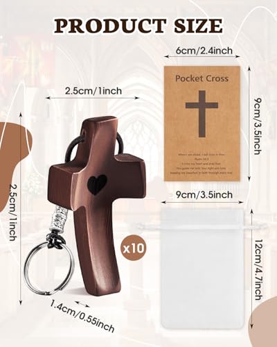 10pcs Pocket Wooden Cross Fidget: Small Wood Crosses Keychain in Bulk with Organza Bags Prayer Card - Stress Relief Cross My Heart for Christian Religious Easter Day Gifts