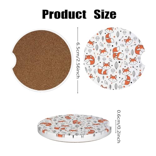 Car Cup Holder Coasters, 2 Pcs Ceramic Coasters with Cork Back and Finger Slot, Anti-Slip Shock Absorbing Women and Men Universal Car Accessories - Smart Fox - color: Smart Fox