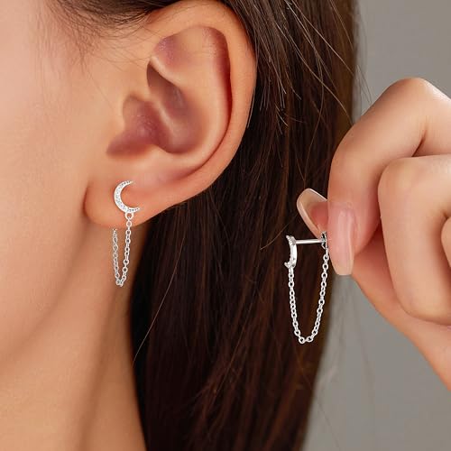 925 Sterling Silver CZ Moon Cross Heart Teardrop Chain Earrings for Women - color: Moon--Silver