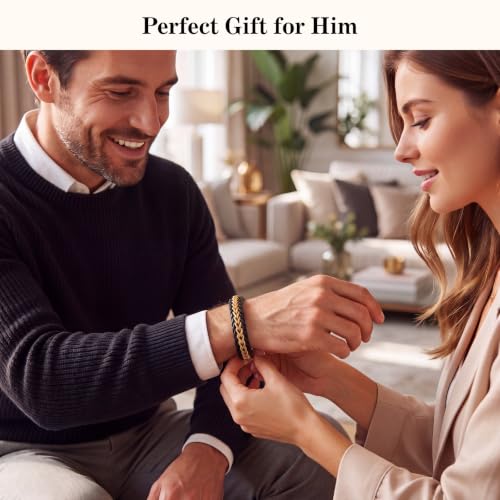 Mens Bracelet Leather 18K Gold Plated Braided Cuff Adjustable - color: Gold and Black, size: 6.5-8 in for Wrist