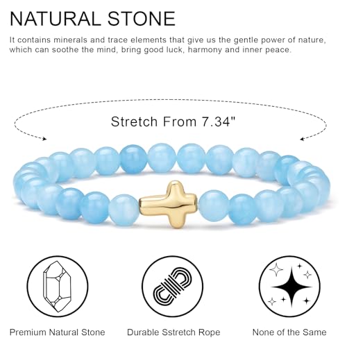 Cross Beaded Bracelets for Women, Natural Stone Healing Crystal Bracelet Religious Cross Bracelet for Women Birthday Christian Gifts on Easter Christmas Gifts - color: Aquamarine