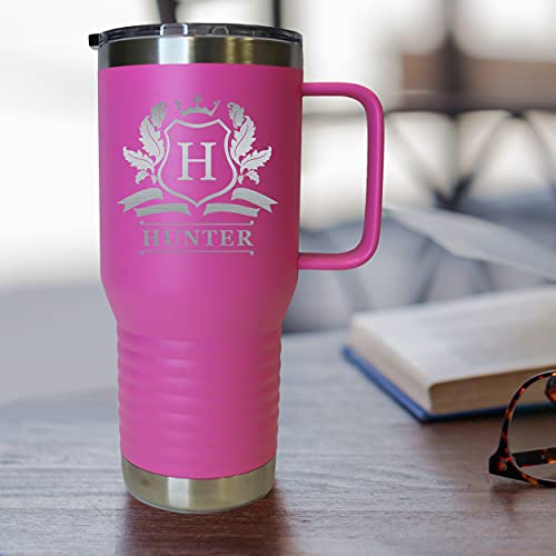 The Wedding Party Store Personalized 20 oz Stainless Steel Powder Coated Vacuum Insulated Double Walled Travel Tumbler Coffee Mug with Handle and Lid (Hot Pink) - color: Hot Pink