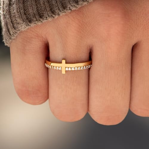 STORYJEWELLERY Cross Rings for Women, 925 Sterling Silver Purity Ring with Cubic Zirconia, Dainty Christian Jewelry, Confirmation and Baptism Gifts - color: Cross Ring-925 Sterling Silver with 18K Gold