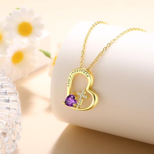 Birthstone Cross Necklace for Girls, Child of God Cross Gifts Jewelry - color: 02. Feb, style: 02. Yellow color