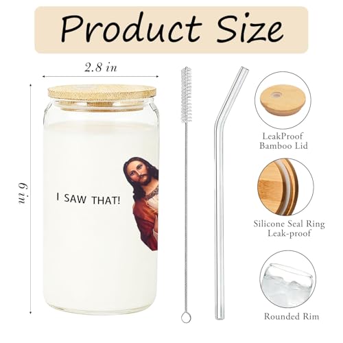 IWXYI I Saw That Glass Cup with Lids and Straws 14oz, Funny Gifts for Women Men Friends, I Saw That Iced Coffee Tea Drinking Glasses with Cleaning Brush - color: Funny