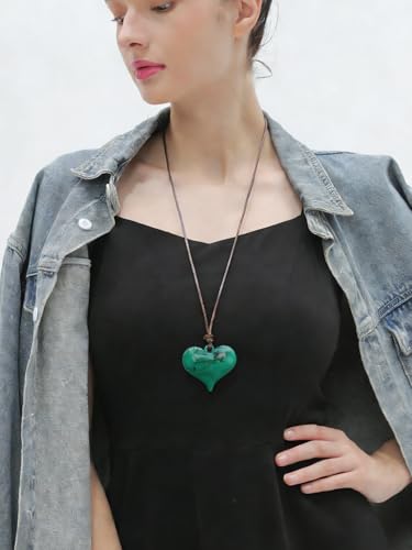 Leather Necklace for Women Long Boho Pendant Hippie Choker Necklace Bohemian Layered Leather Rope Wooden Jewelry Gifts - style: Green Heart Necklace