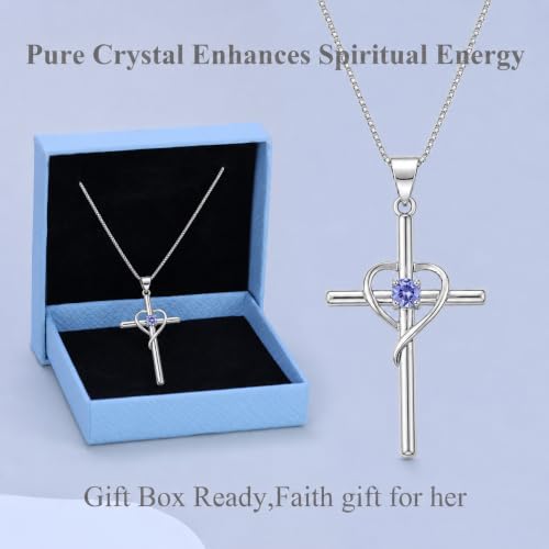 Cross Heart Necklace, 18K Gold Plated Crystal Pendant for Women - color: White-Tanzanite