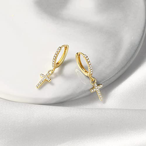 DAILY VIBES Cute Gold Mini Dangle Huggie Hoop Earrings for Women Trendy - color: Cross CZ