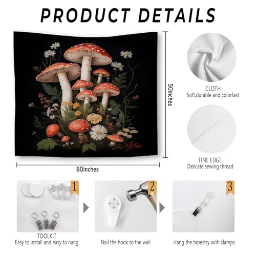 Foritho Whimsical Forest Mushroom Floral Tapestry, Dark Cottagecore Mushroom Botanical Tapestry Wall Hanging, Fairycore Flower Wall Tapestries for Bedroom Living Room Home Decor, 50x60 Inch - color: Color 15
