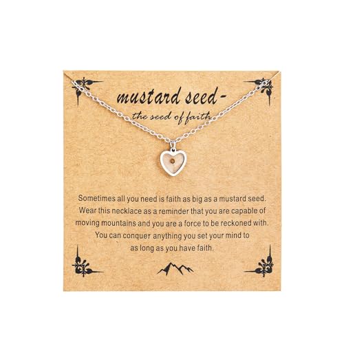 Mustard Seed Necklace - Rectangle, Round, Mountain, Hill Christian Faith Geometric Religious Inspirational Gift With Message Card - color: Silver, style: Heart