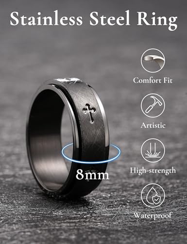 King Will 8mm Black/Gold/Silver Prayer Stainless Steel Ring - color: Black-Cross All