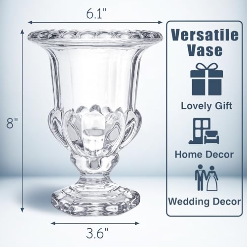 8 Inch Glass Urn Vase, Large Crystal Glass Vase, Vintage Vases for Centerpiece, Pedestal Flower Bottle, Decorative Vases for Wedding Home Decor Housewarming Gift