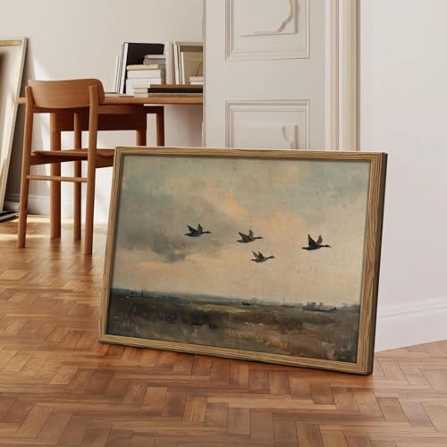 Framed Vintage Flying Duck Wall Art Rustic Mallard Duck Picture Wall Decor Nature Wilderness Landscape Painting Canvas Prints Countryside Farmhouse Home Decor for Bedroom Living Room-16×24in - color: Flying Duck, size: 24"L x 16"W