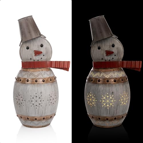 Alpine Corporation 30" Tall Indoor/Outdoor Metal Barrel Snowman Christmas Decoration with LED Lights, Festive Holiday Display, Multi-Color - color: Multi-color