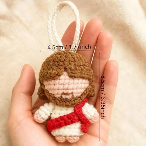 Cute Jesus Car Charm Gifts for Women, Positive Crochet Little Jesus Figures Rearview Mirror Accessory Swinging Car Ornament, Elegant Christian Religious Birthday Gift fo Mom Dad Men Friend